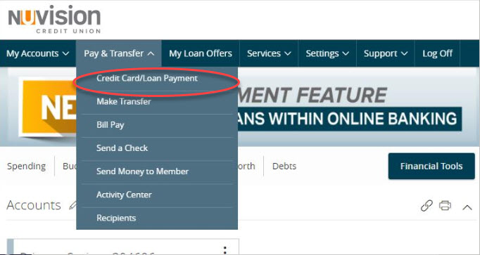 Screenshot of the Nuvision online banking profile with a dropdown text featuring the credit card/loan payment section circled in red.