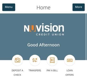 A screenshot of a mobile banking homepage screen with the Nuvision Credit Union logo on a blue background. Greeting text reads 